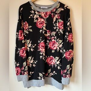 Levaca Soft Knit Tunic Shirt Black & Gray Floral Rose Print Size XXL